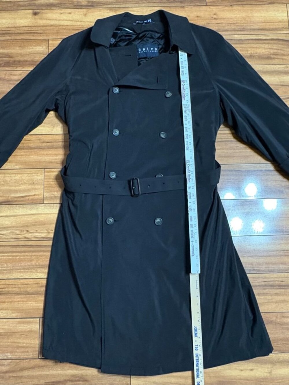 Vtg Ralph Lauren Black Double-Breasted Trench Coat  Belt Lined Men's 44R L/XL - Picture 5 of 12